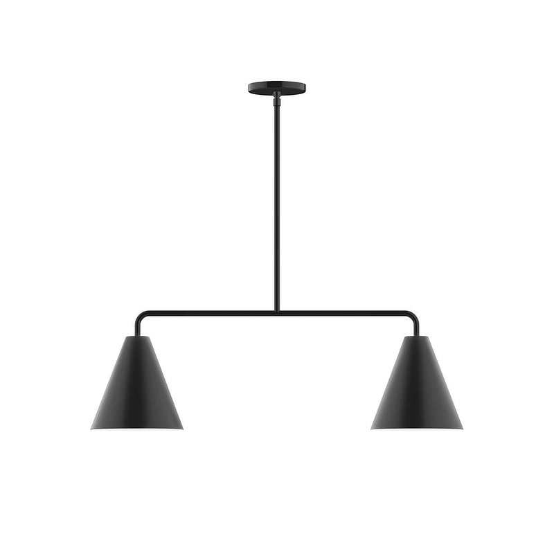 Two-light linear pendant with two black cone shades and round canopy