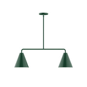 Forest green 2-light linear pendant with two flared cone shades and round canopy