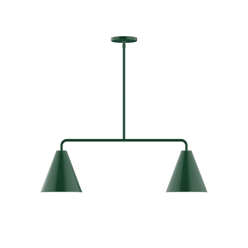 Forest green 2-light linear pendant with two flared cone shades and round canopy