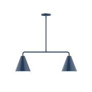 Linear LED pendant with navy canopy and two downward conical shades