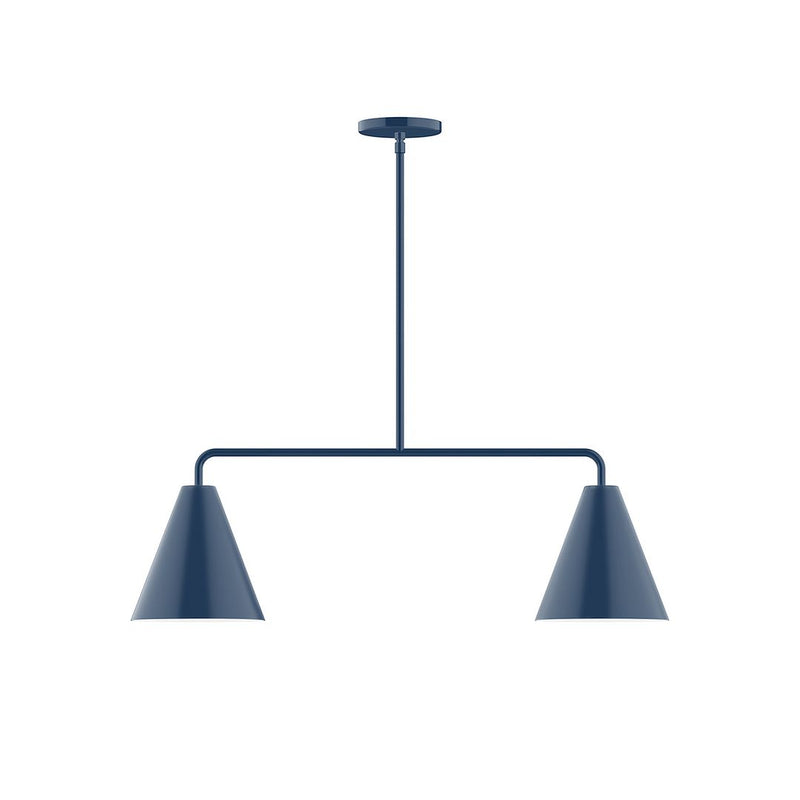 Linear LED pendant with navy canopy and two downward conical shades