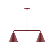 Two-light linear pendant with two barn-red cone shades and red canopy.
