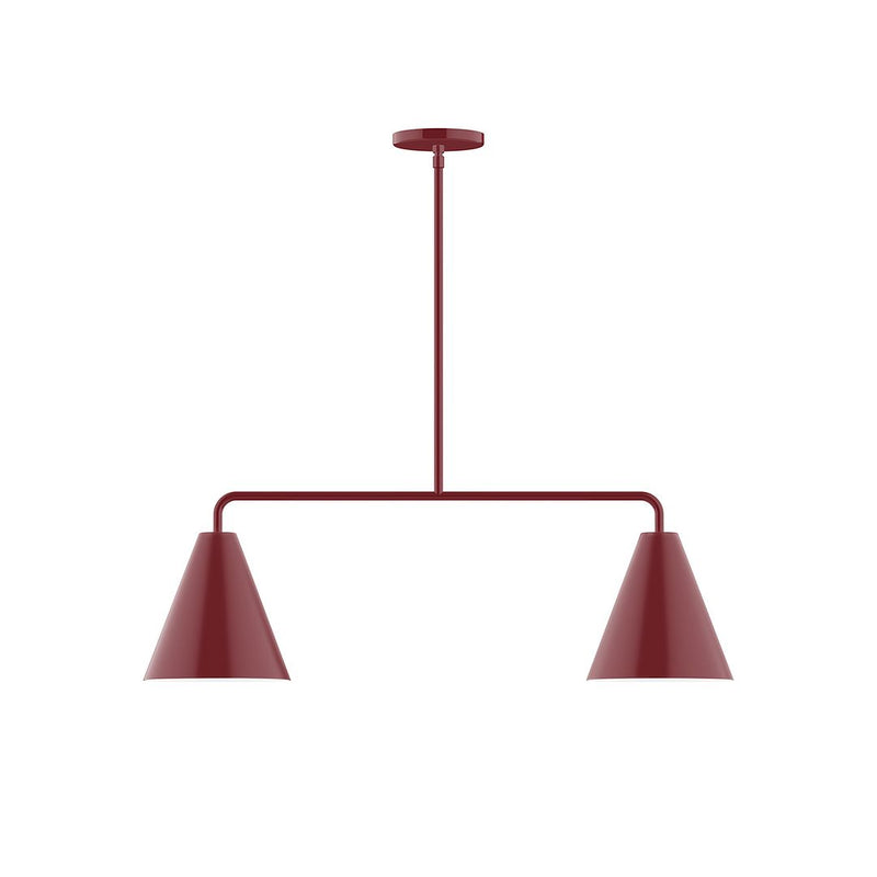 Barn red 2-light linear LED pendant with two cone shades and ceiling canopy