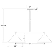 Two-light linear pendant dimensions: 56 1/4 in height, 24 in length, 12 in spacing