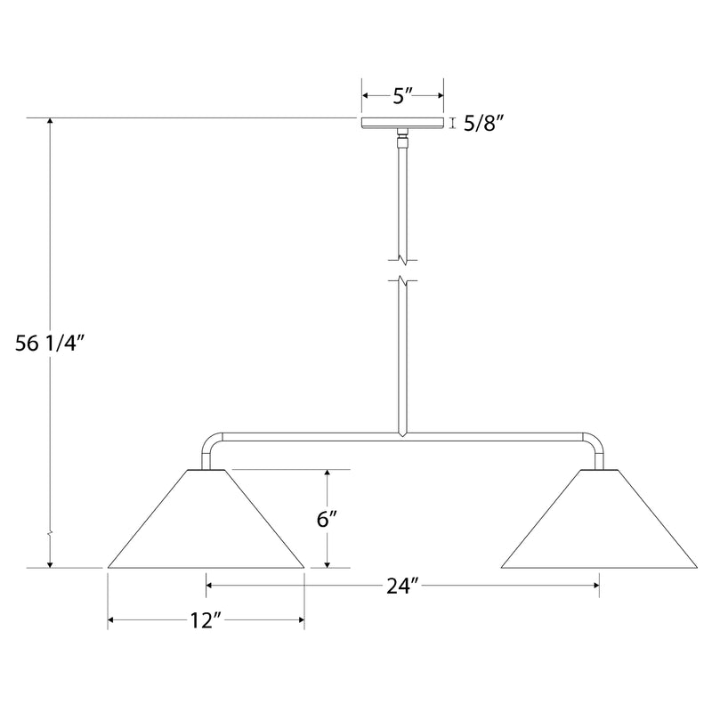 Two-light linear pendant dimensions: 56 1/4 in height, 24 in length, 12 in spacing