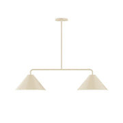 Cream two-light linear pendant with two tapered fabric shades and rectangular bar