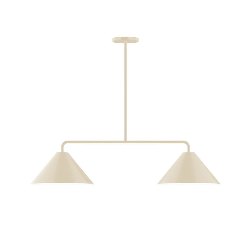 Cream two-light linear pendant with two tapered fabric shades and rectangular bar