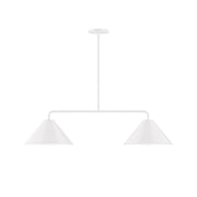 White 2-light linear pendant with two bell shades and round ceiling canopy