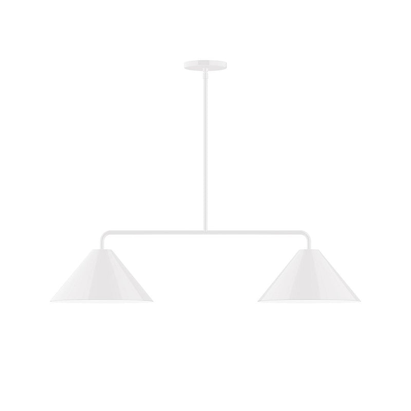 White 2-light linear pendant with two bell shades and round ceiling canopy