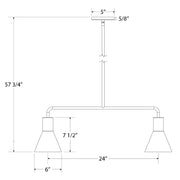 White two-light linear pendant, 24 in bar, 57 3/4 in overall; 6 in shade