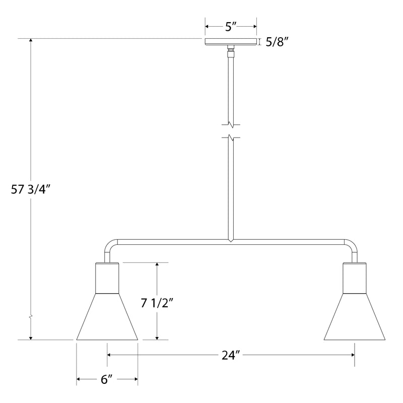 White two-light linear pendant, 24 in bar, 57 3/4 in overall; 6 in shade
