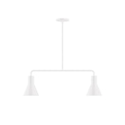 Two-light linear pendant with white flared shades and straight bar canopy