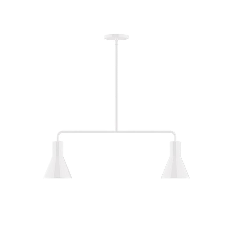 Two-light linear pendant with white flared shades and straight bar canopy