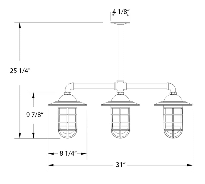 Vaportite 3-light Stem Hung Pendant Light in Forest Green Line Drawing