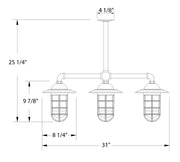 Bronze 3-light stem pendant light with three lantern shades and size measurements