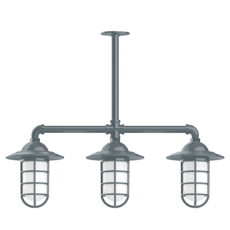 Slate gray 3-light stem-hung pendant light with three lantern-style glass shades