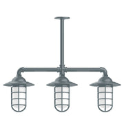 Slate gray 3-light stem-hung pendant light with three glass lantern shades