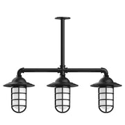 Black 3-light stem-hung pendant with three lantern glass shades and dark metal arms