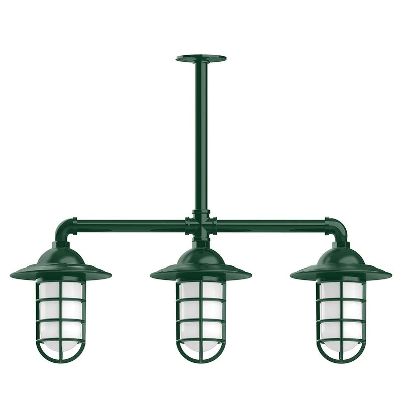 Forest green 3-light stem-hung pendant with three lantern-style glass shades