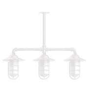 3-light stem hung pendant light with white metal frame and clear glass lantern shades