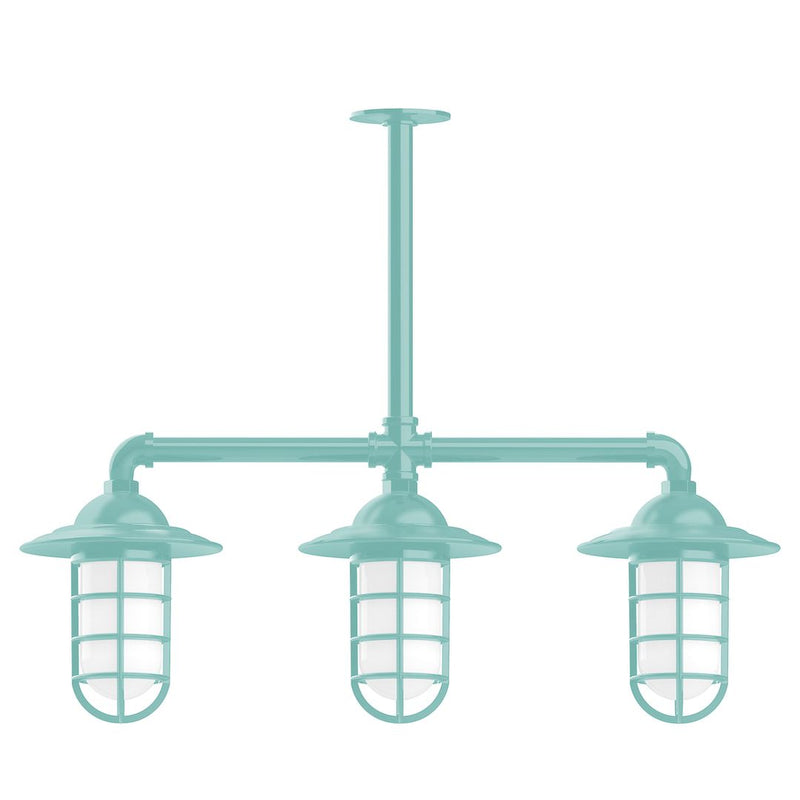 Sea green 3-light stem hung pendant light with three lantern-style glass shades