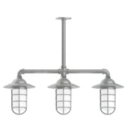 Three-light stem-hung pendant light with painted metal bar and three clear glass lanterns