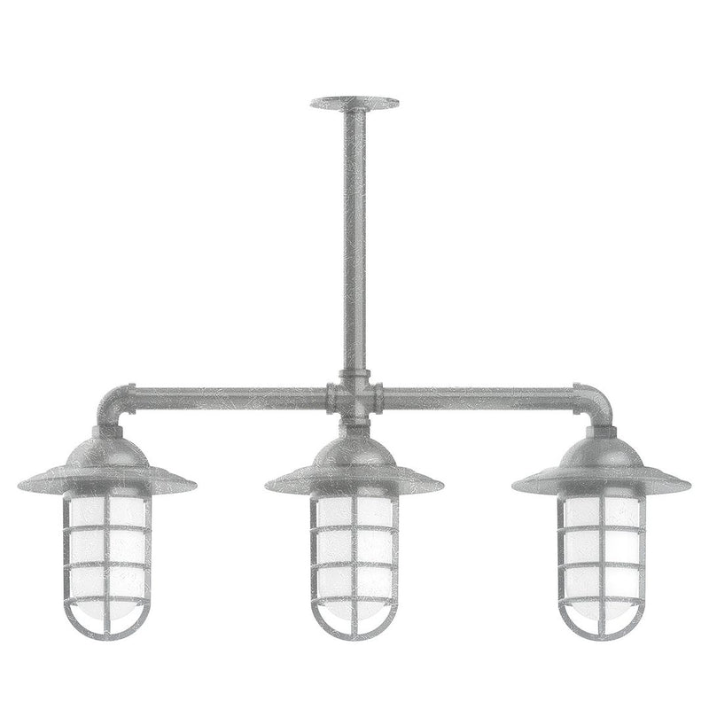 Three-light stem-hung pendant light with painted metal bar and three clear glass lanterns