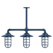 Navy 3-light stem-hung pendant light with three glass lantern shades.