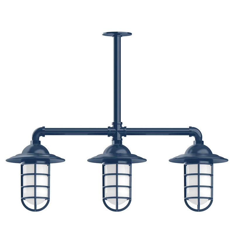 Navy 3-light stem-hung pendant light with three glass lantern shades.