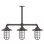 Bronze 3-light stem-hung pendant light with three lantern glass shades and metal framing