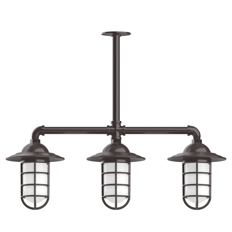 Bronze 3-light stem-hung pendant light with three lantern glass shades and metal framing