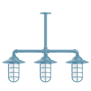 Light blue 3-light stem-hung pendant light with three glass lantern shades