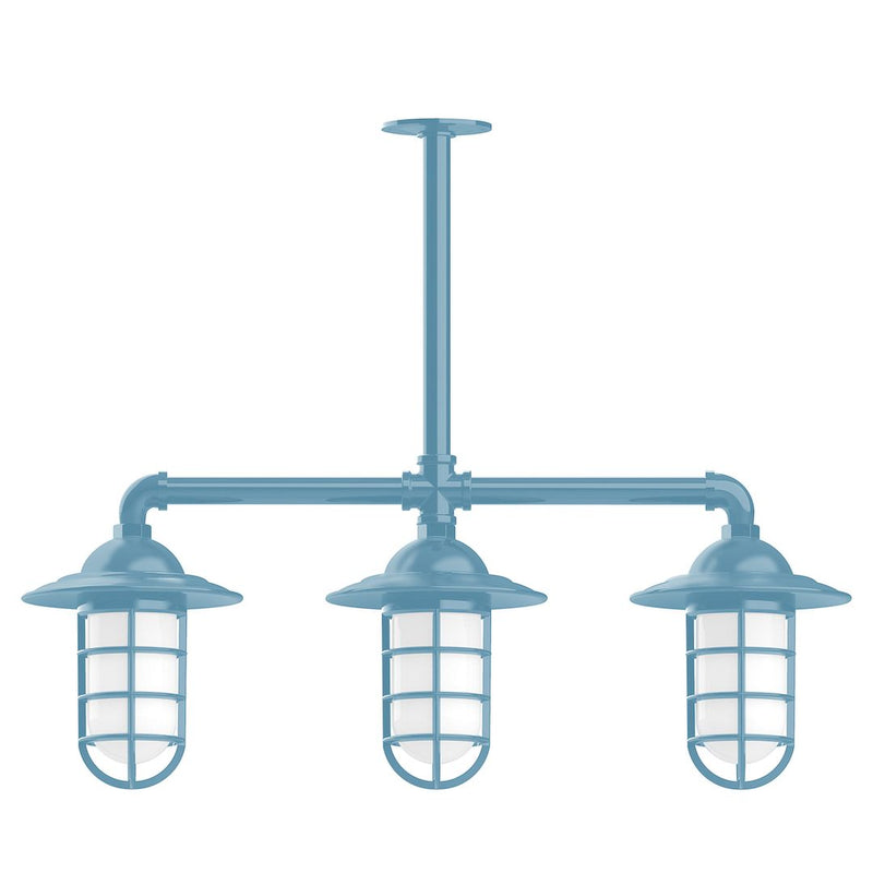 Light blue 3-light stem-hung pendant light with three glass lantern shades