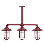 Three-light stem-hung pendant light with three red lantern shades and clear glass panels