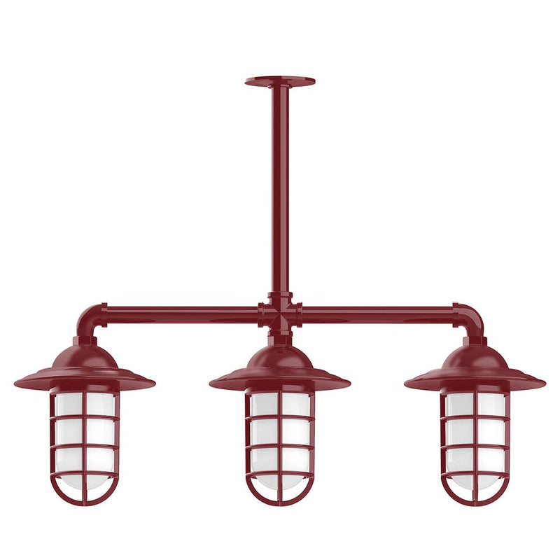 Three-light stem-hung pendant light with three red lantern shades and clear glass panels