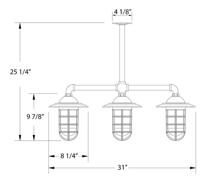 3-light pendant light diagram with three lantern shades and size measurements.
