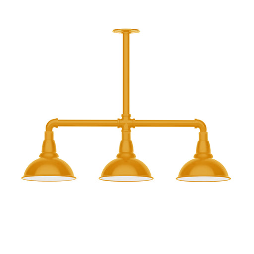 Bright yellow 3-light stem hung pendant with three bell shades