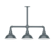 Slate gray 3-light stem-hung pendant with three dome shades and metal frame