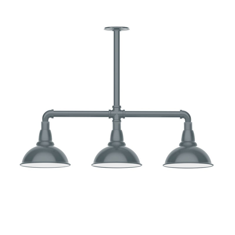 Slate gray 3-light stem-hung pendant with three dome shades and metal frame