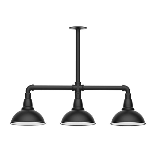 Black 3-light LED stem hung pendant with three dome shades and exposed pipe arms