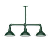 Forest green 3-light stem-hung pendant light with three dome shades