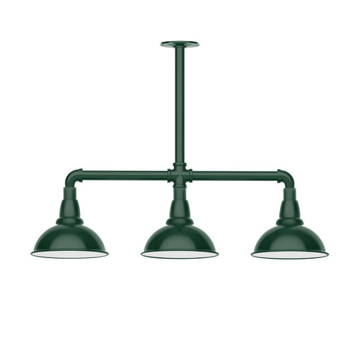 Forest green 3-light stem-hung pendant light with three dome shades