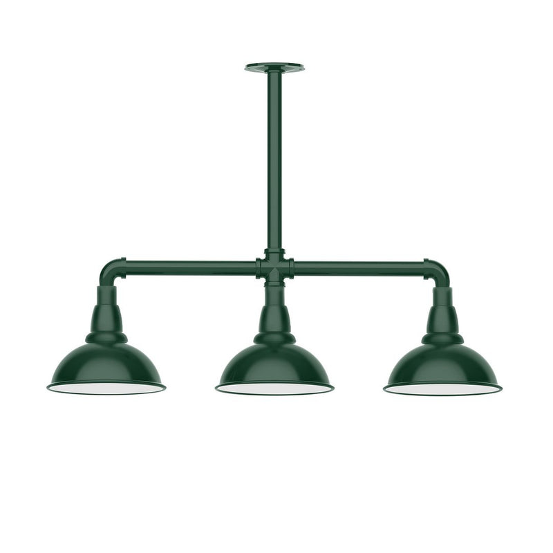 Forest green 3-light stem-hung LED pendant light with three bell shades