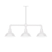 White 3-light stem hung pendant light with three dome shades on bar