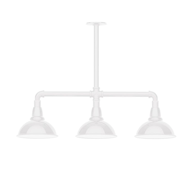 White 3-light stem hung pendant light with three bell shades and crossbar mount