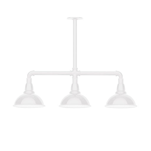 White 3-light stem hung pendant light with three bell shades and crossbar mount