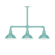 Sea green 3-light LED stem-hung pendant with three bell shades and metal frame
