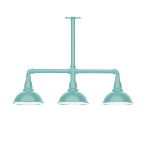 Sea green 3-light stem pendant with three flared shades and metal bar frame
