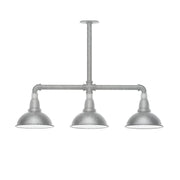 3-light stem pendant light with three gray dome shades on metal bar