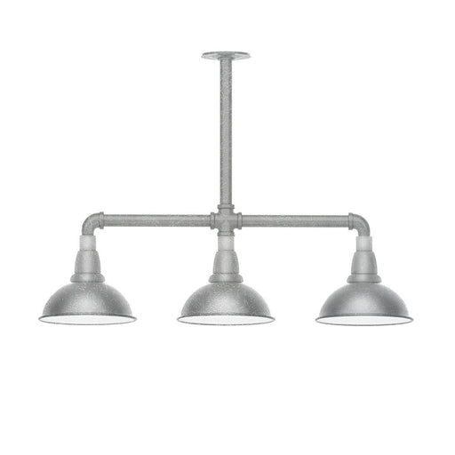 3-light stem pendant light with three gray dome shades on metal bar